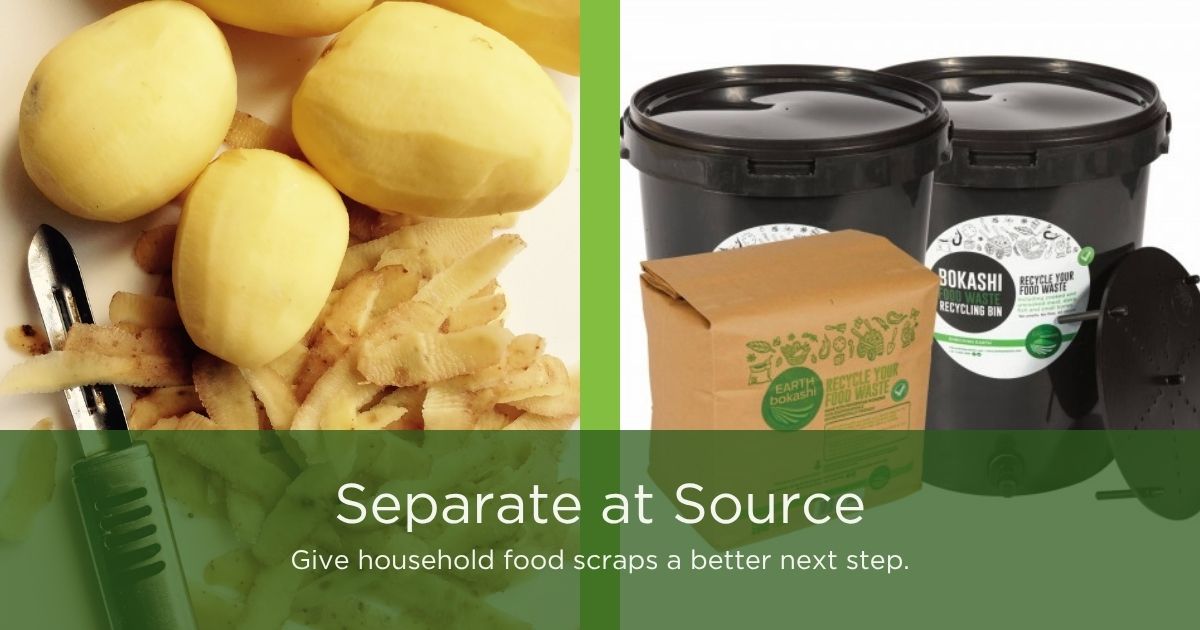 Household potato peelings separated at source beside Earth Bokashi recycling bins