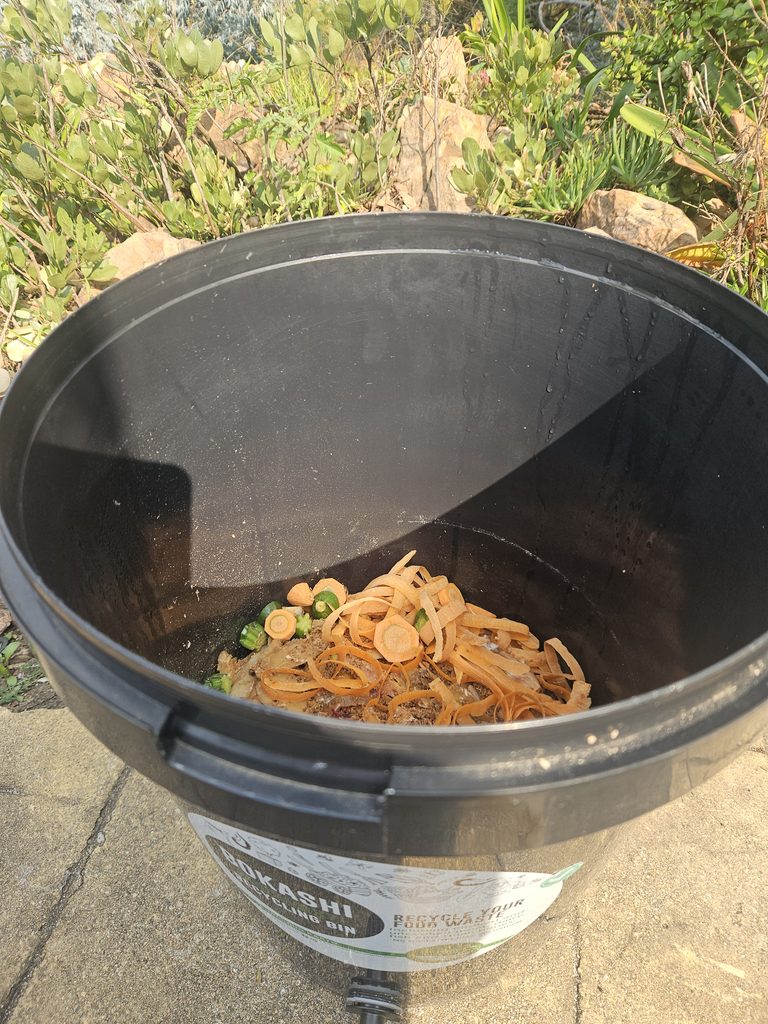 Food scraps inside a household Bokashi bucket during the treatment process