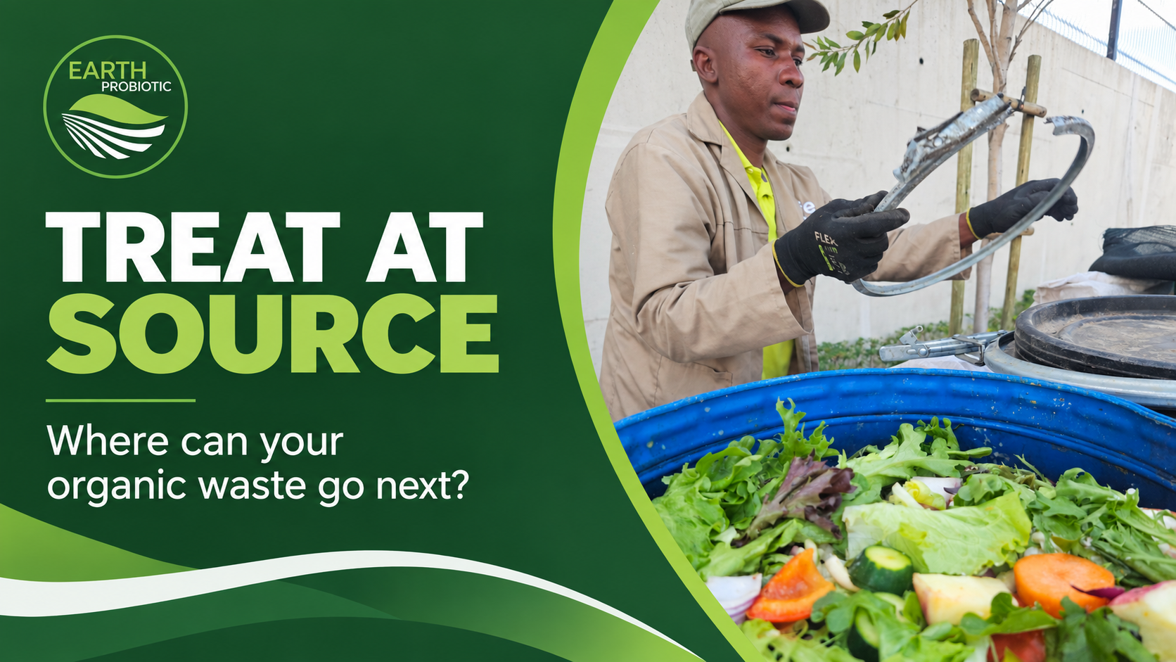 Worker handling separated food waste for organic waste treatment at source